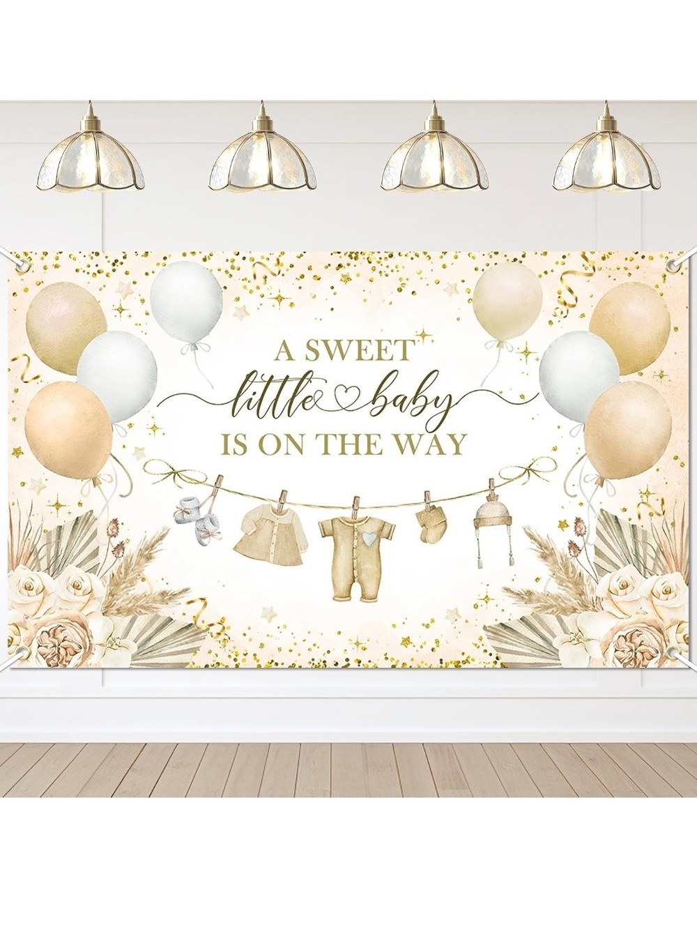 A Sweet Little Baby Is On The Way Backdrop - Gold & Cream Baby Shower Banner
